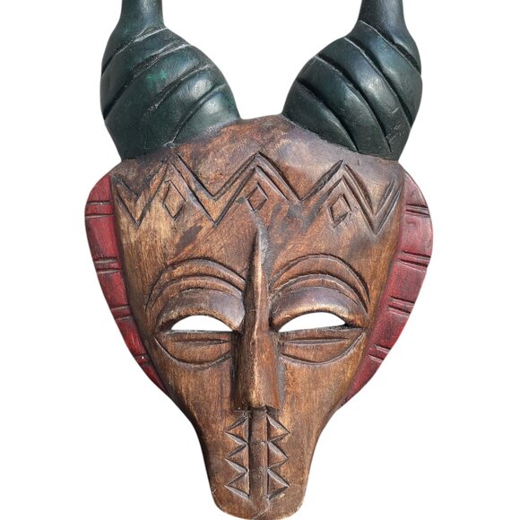 Horned Demon Decorative Tribal Face Mask Hand Carved Wooden - Picture 1 of 8